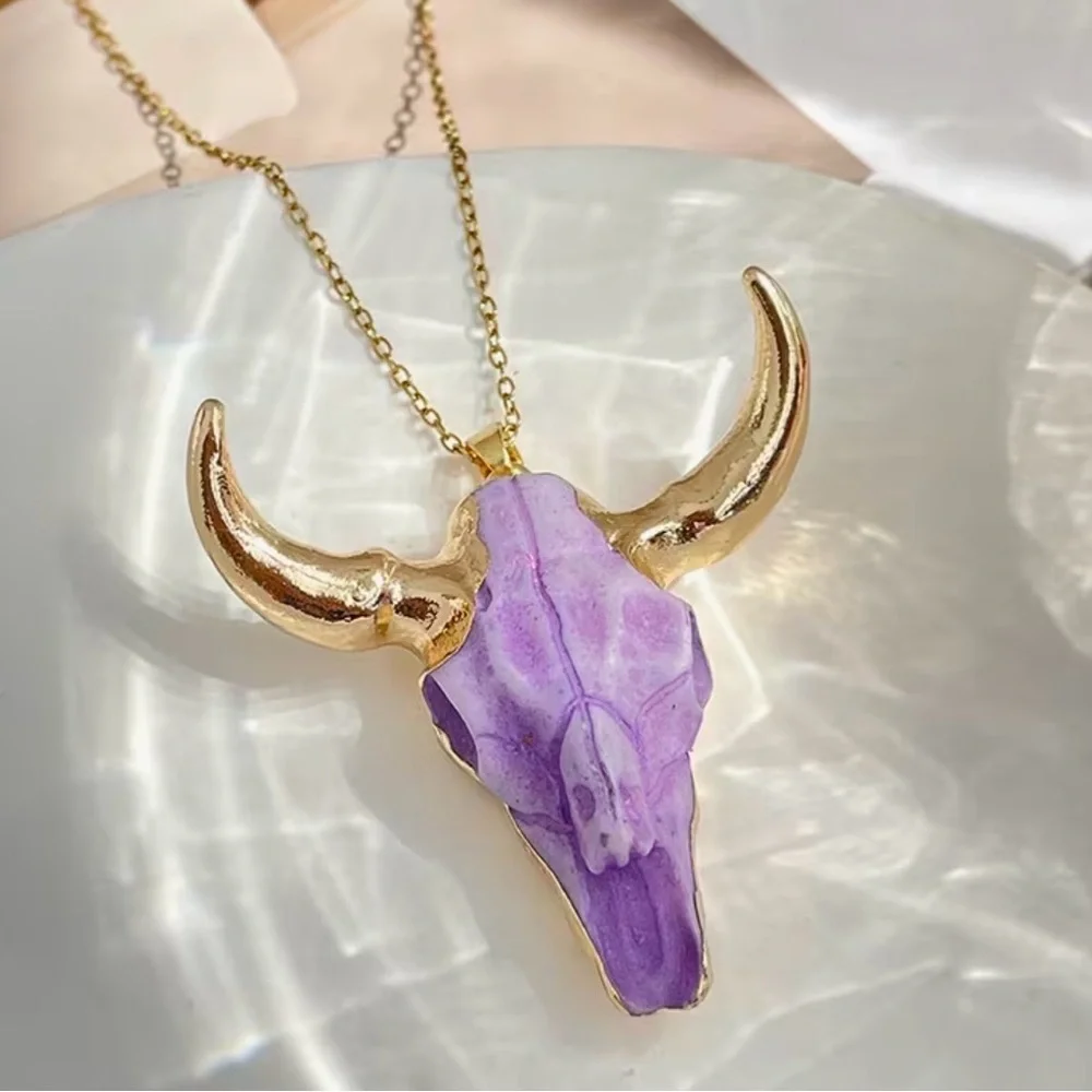 New Bull Skull Pendant Necklaces - Multicolor Stone Options - Picture 2 of 5